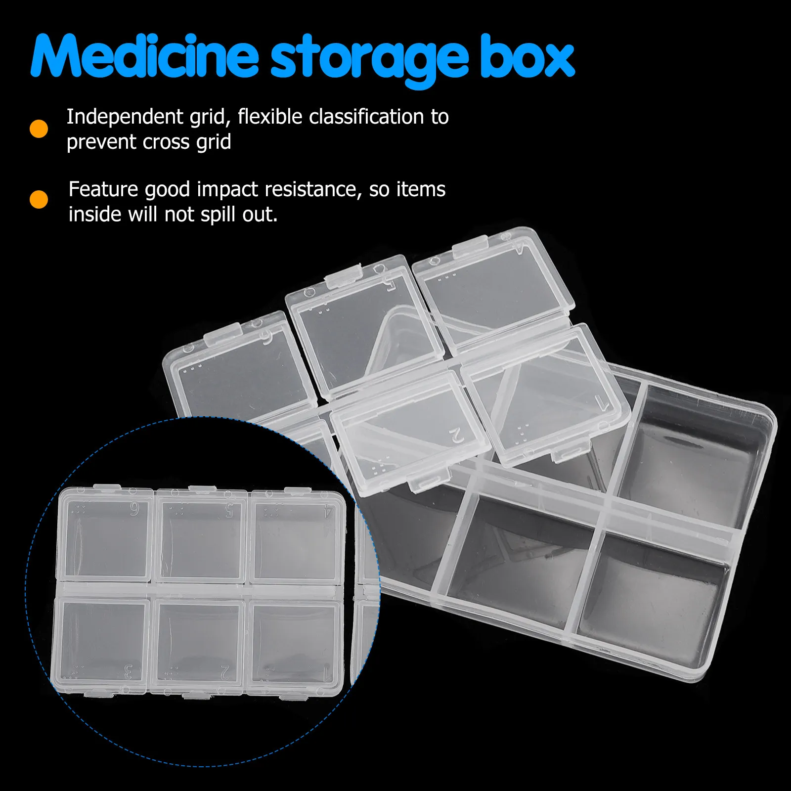 6Pcs 6-Cell Pill Containers Small Medicine Boxes with Braille for Blind Users Impact Resistant Cosmetics Gum Sundry Earphone