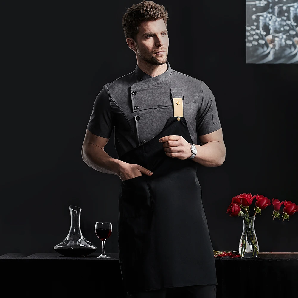 Uniforme ingent vêtements de travail attribuables, chemises pour la tête, manteau de cuisine, veste de chef, tablier d'été pour restaurant et barbier