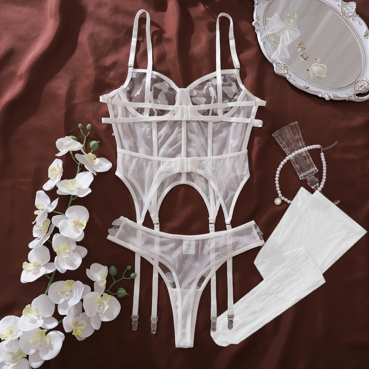 New Fashionable Three piece Butterfly Decorative Mesh Transparent Hollow Back Shaping Sexy Underwear Split Set