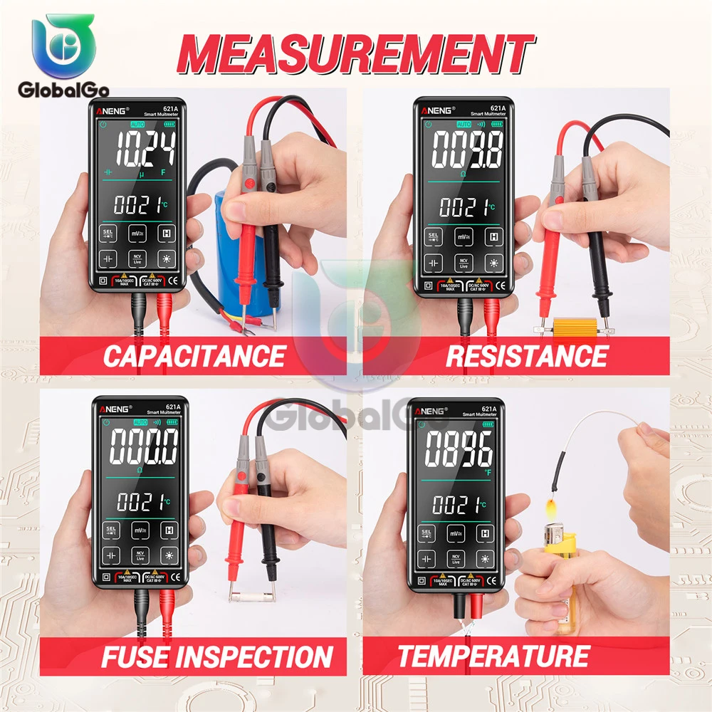 Anergy 621A 터치스크린 스마트 디지털 만용계 9999 계수 자동 측정 충전 가능 NCV 만능계 전압계 전류계