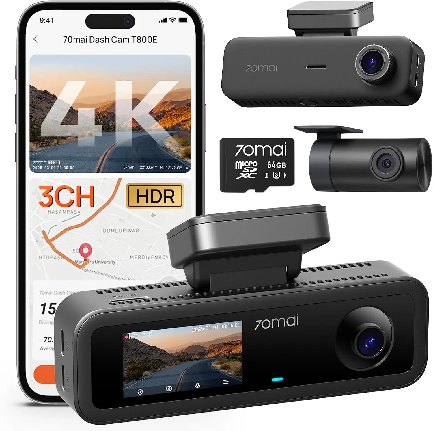 Dash Cam Front Rear Inside Three Channel Car Camera GPS Wi Fi Voice Control Parking Monitor Night Vision Loop Recording 64GB SD