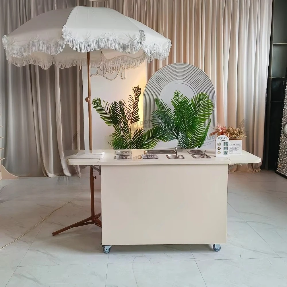 

Customized White Foldable Metal Candy Cart Mobile Food Cart Wedding Birthday Deli Cart