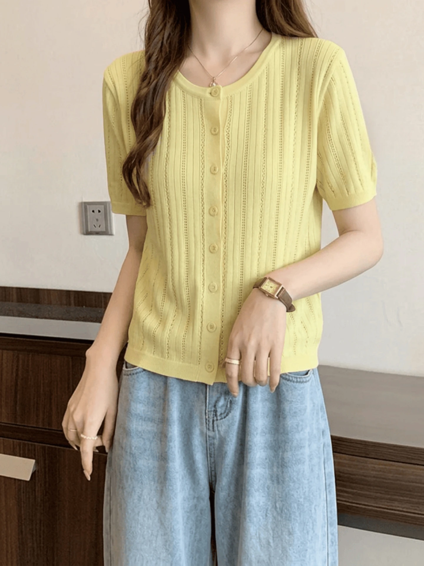 

Women's Ice Silk Knitted Short Sleeve Open Cardigan T-Shirt Hollow out Design Slimming Summer Top Medium to Large Sizes