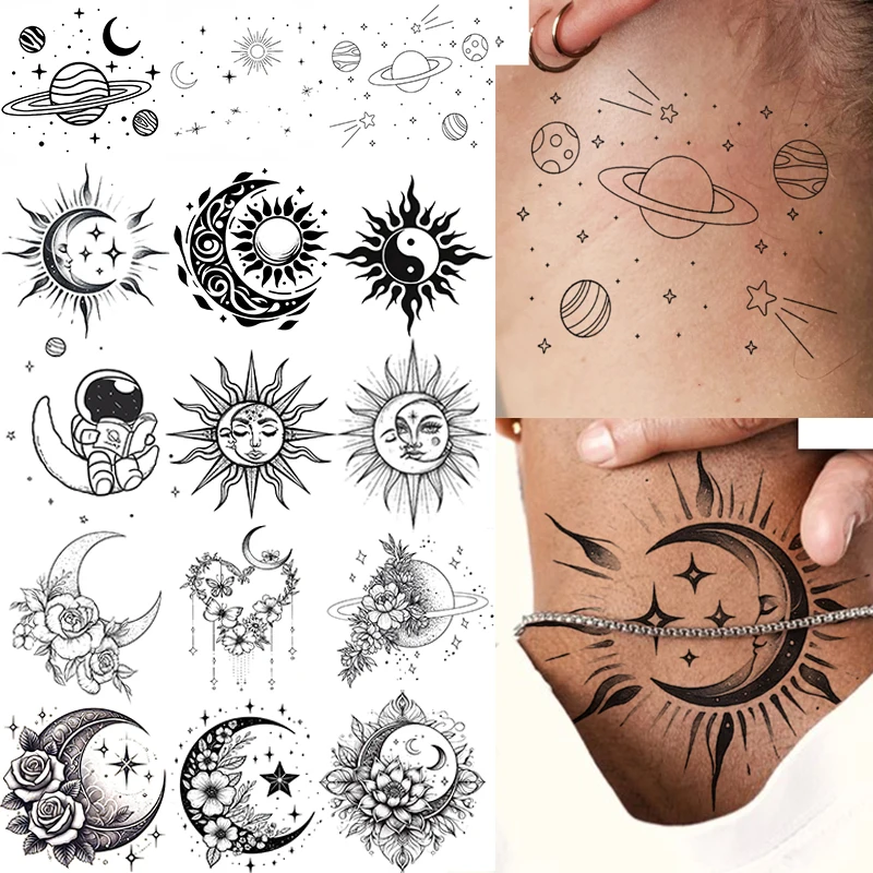 1 Sheet Sun Flower Crescent Temporary Tattoos For Women Men Hands Neck,  Temp Fake Tattoo Stickers Long Lasting Realistic Tatoos