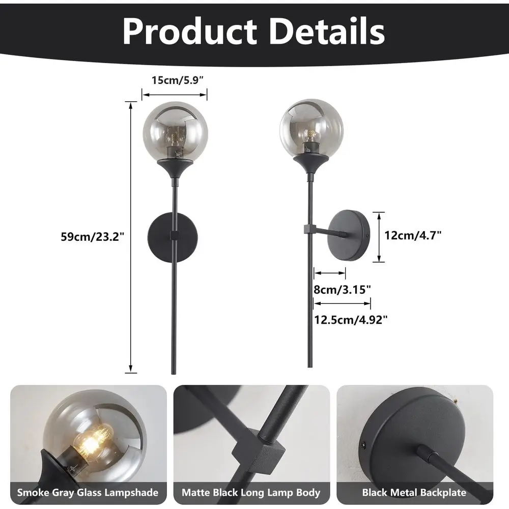 โคมไฟติดผนังสไตล์โมเดิร์นสีดำด้านแบบมิดเซ็นจูรี่ พร้อมกระจกสีเทาควันบุหรี่แบบวินเทจ สำหรับห้องน้ำหรือห้องนอน