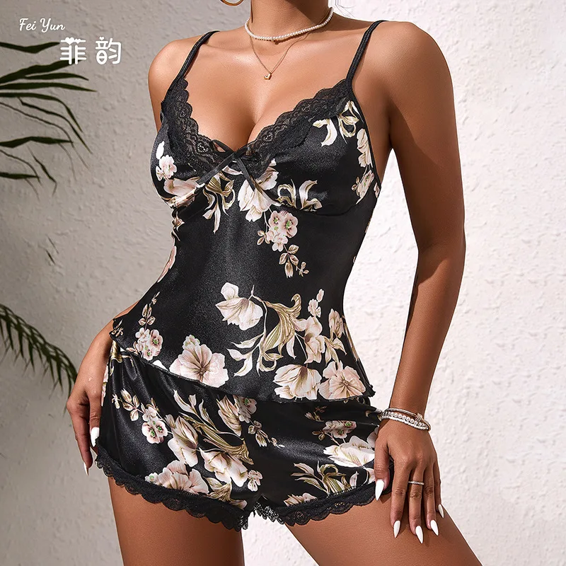 Printed Breathable Thin Women's Home Wear Imitation Silk Suspender Top Sexy Pajama Set