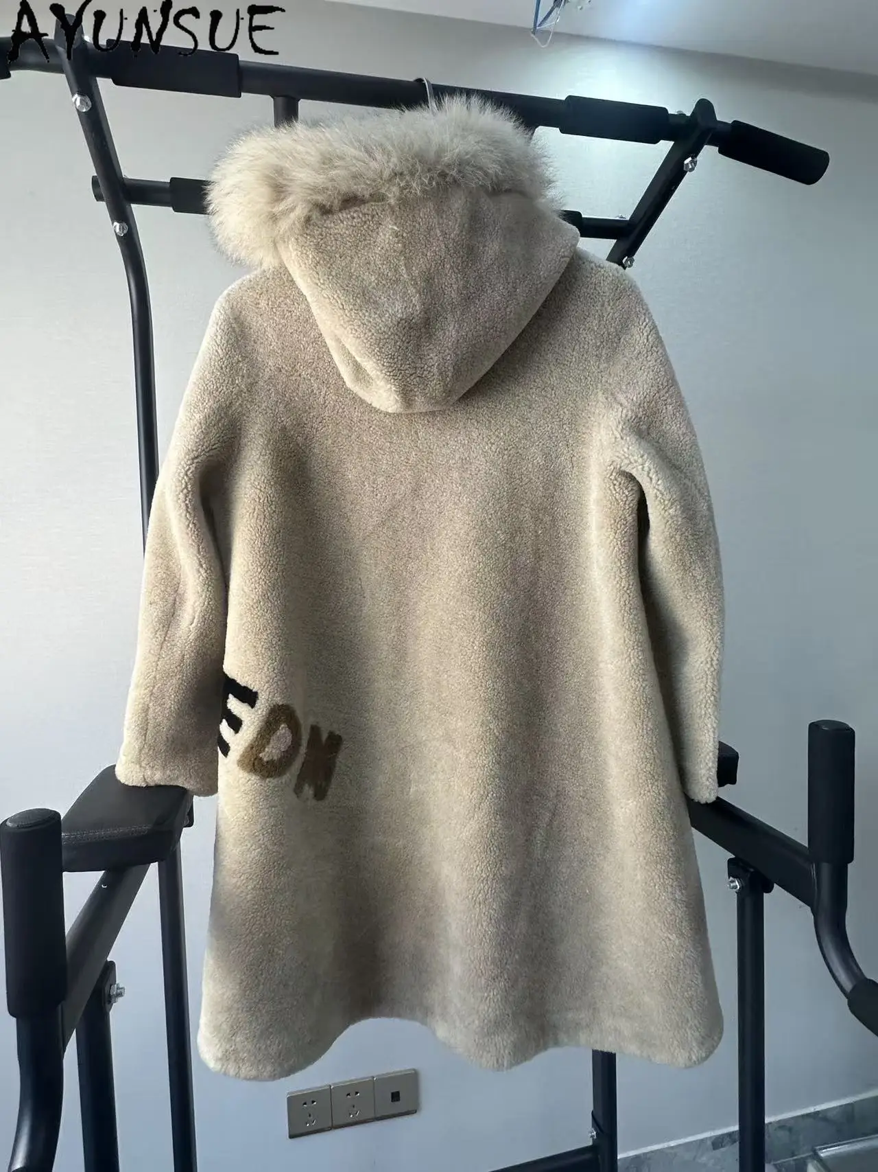 سترة من الصوف الحقيقي من AYUNSUE ملابس شتوية للنساء بياقة من فرو الثعلب معاطف فريدة متوسطة الطول تعزز عيوب صغيرة لا استرداد ولا تبادل #3