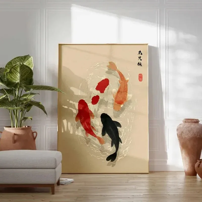Multiple sizes 1pc frameless Canvas Painting,1pc frameless Canvas Painting Japanese Koi Fish Poster, Minimalist Asian Wall Art,