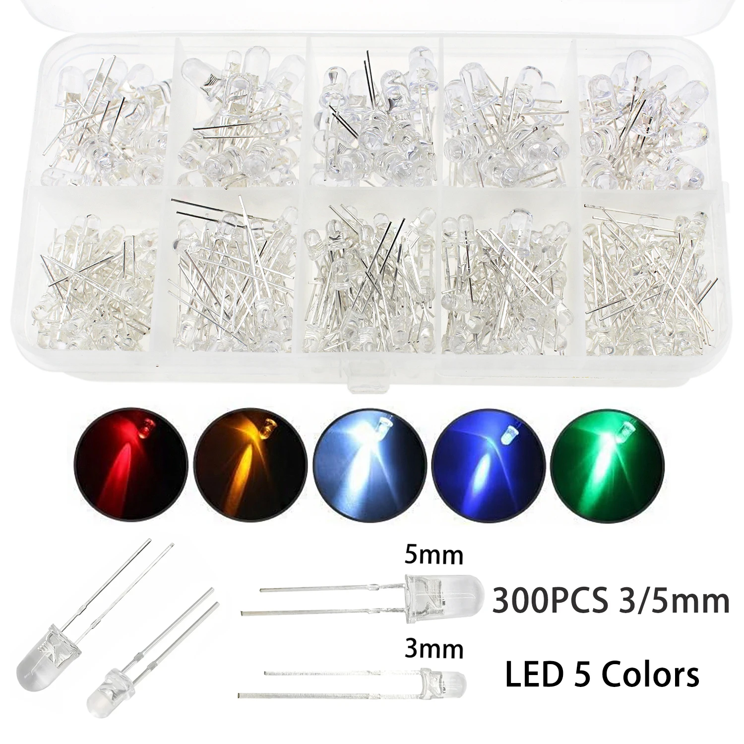 300 Stuks Led Diodes Diverse Kit 5 Kleuren Transparant Rond 3Mm 5Mm Maten Led Lichtgevende Diode Elektronische Diy