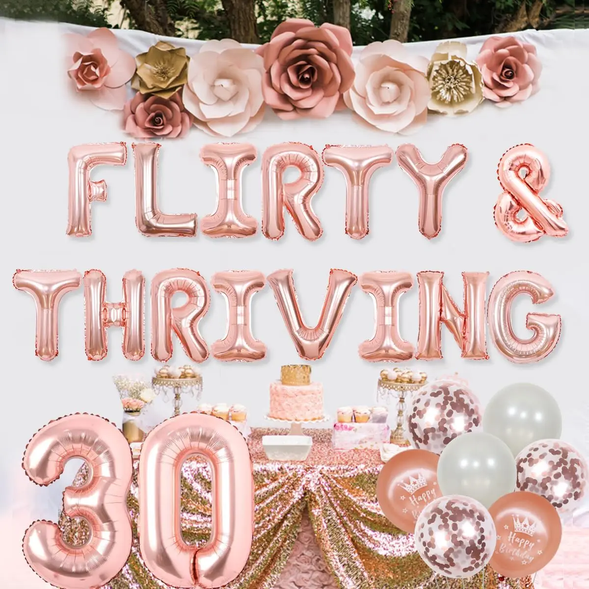 Funmemoir Flirty & Thriving 30th Birthday Party Decorations Rose Gold Wine Glass Champagne Goblet Balloons 30 Years Old Birthday