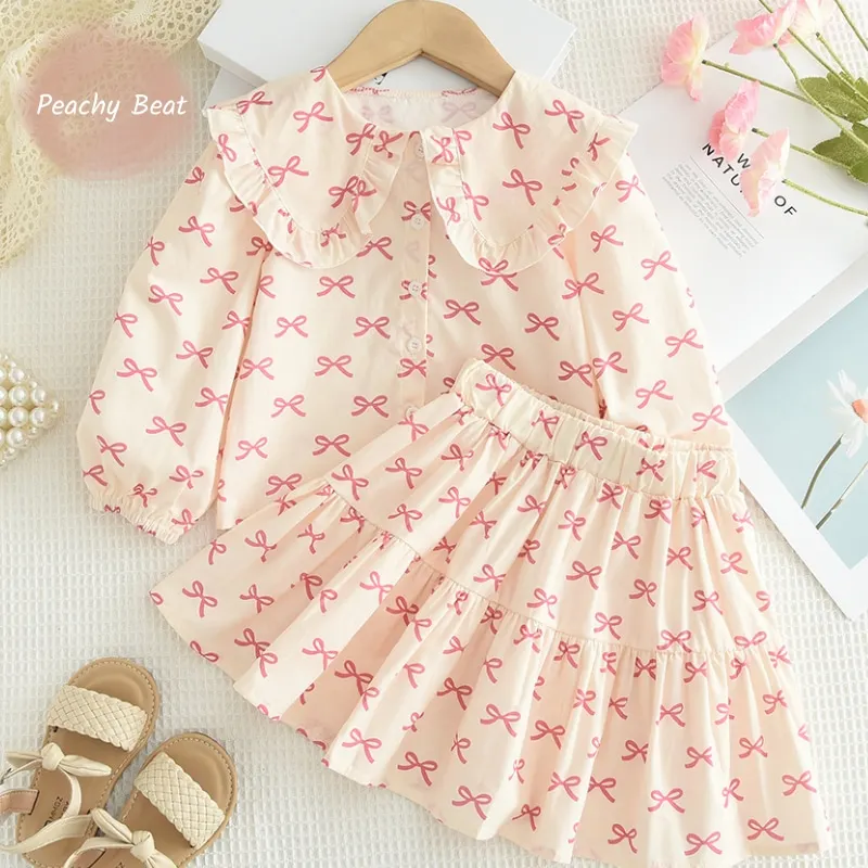 

Fashion Baby Girl Princess Bow Print Long Sleeve Shirt+Ruffle Skirt 2PCS Infant Toddler Child Clothes Set Baby Clothes 18M-7Y
