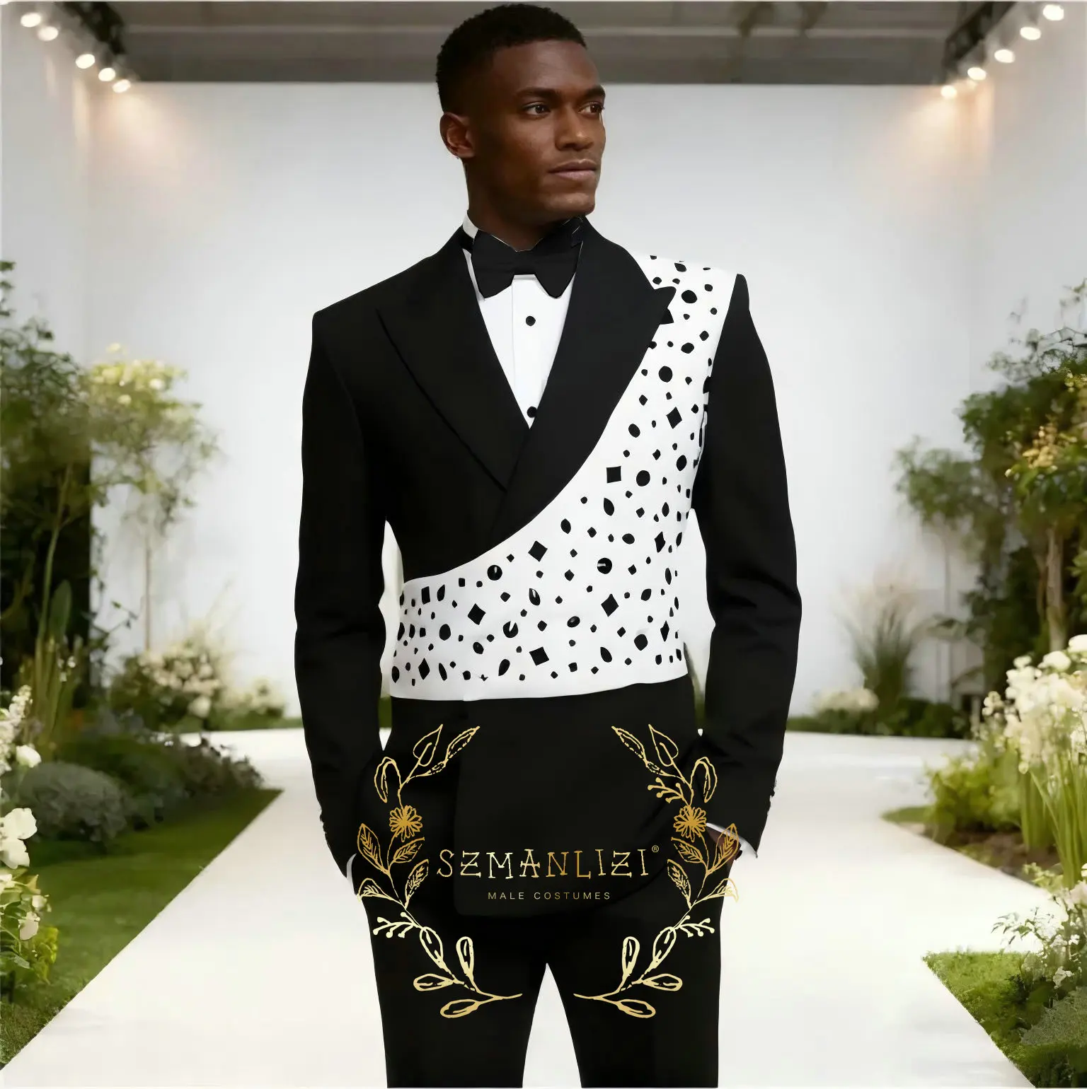 Formal Wedding Men Suits 2 Piece Black Crystals Jacket Pants Sets Double Breasted Male Prom Party Clothing Costume