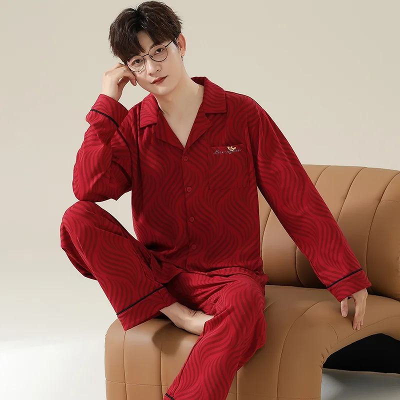 Red Color Cardigan Homewear for Lovers Women and Men Matching Homewear Big Size M-3Xl Nightwear Couples Autumn Married Sleepwear