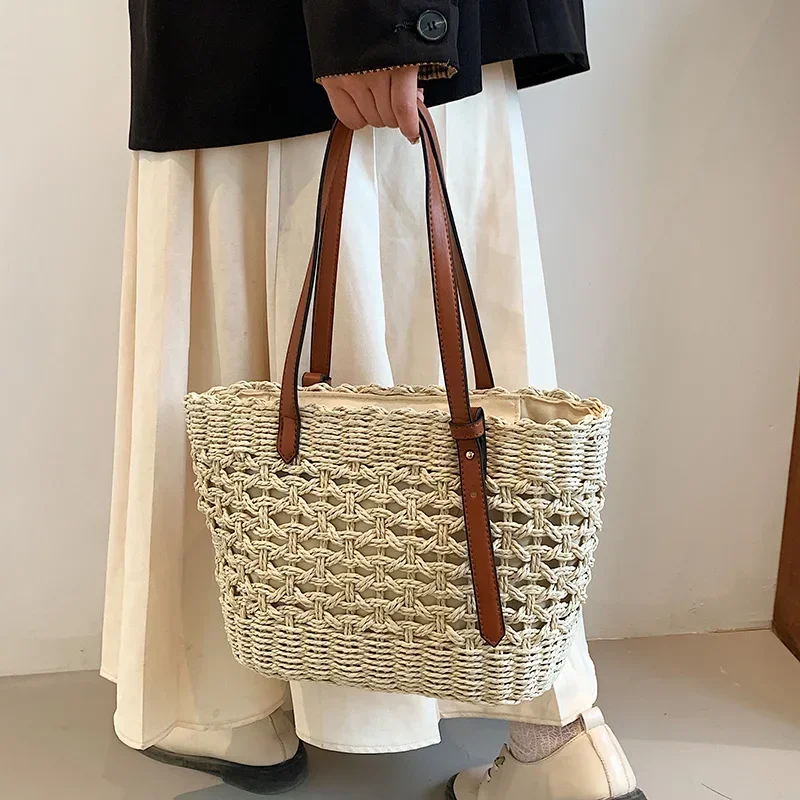 New Trendy Straw Weave Bag for Women Summer Female Handbags Shoulder Bag Simple Shopping Totes Casual Vacation Beach Bag