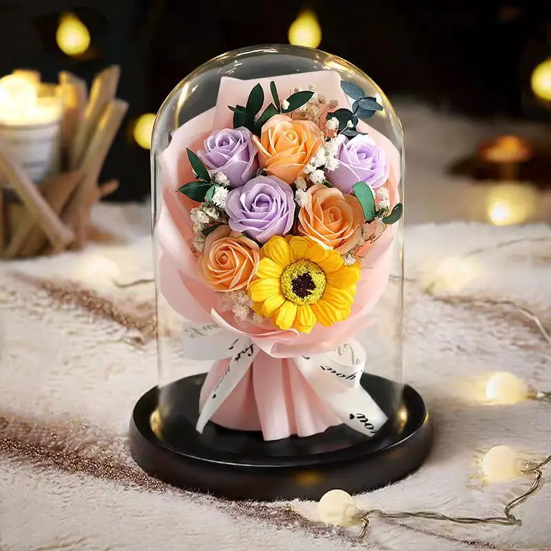 Soap Immortal Home Decor Glass Dome Artificial Sun Flower LED Rose Bouquet Girl Favorite Gift Box Romantic Valentine Mother Day