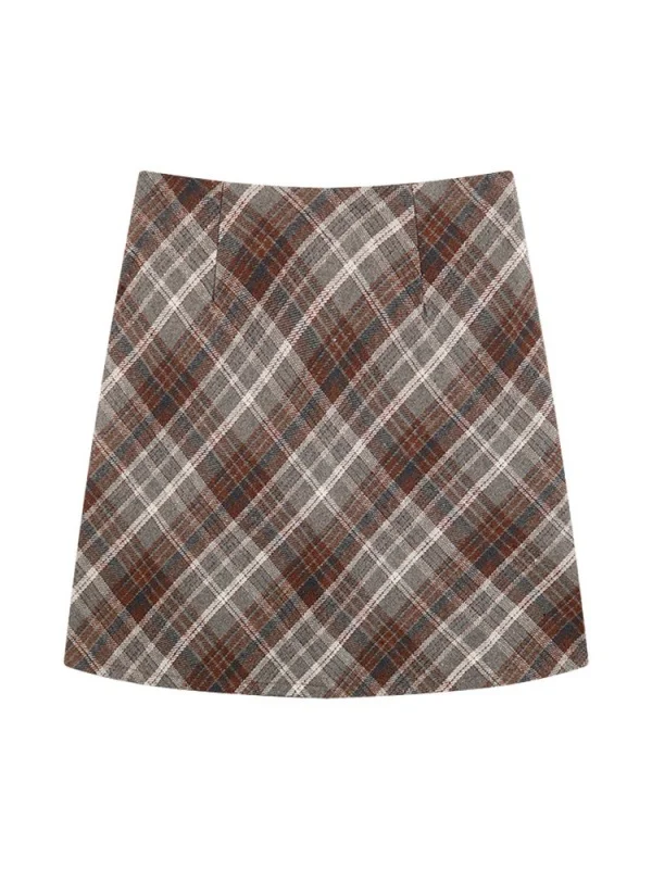 Spódnica wełniana w kratę z wysokim stanem, damska, zimowa 2025, nowa, koreańska, elegancka, wyszczuplająca, trapezowa, kopertowa.