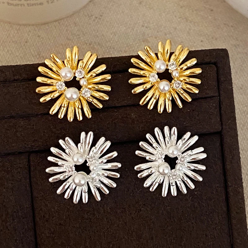 

PONYKISS 925 Sterling Silver 18K Gold Zircon Pearl Flower Stud Earrings for Women Trendy Fine Jewelry Personality Accessories