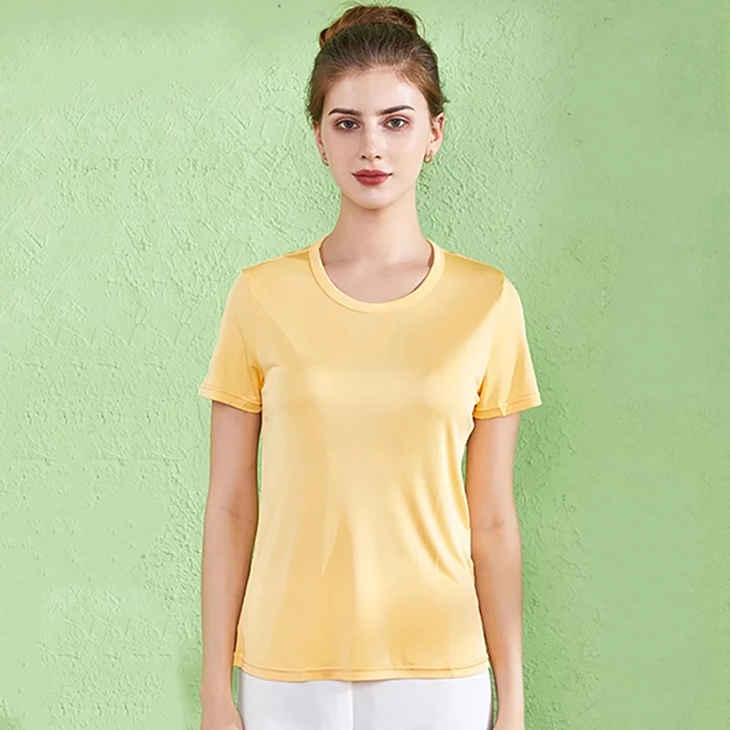 T-Shirts for Women Summer Short Sleeve Crew Neck 23% Mulberry Silk Casual Basic Loose Fit Tee Tops Blouse