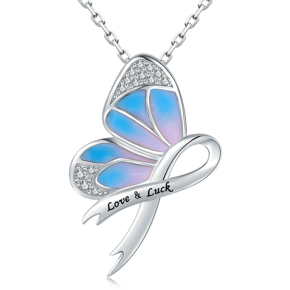 925 Sterling Silver Butterfly Love&Luck Breast Cancer Awareness Ribbon Pendant Jewelry For Women Cancer Patients Survivor Gifts