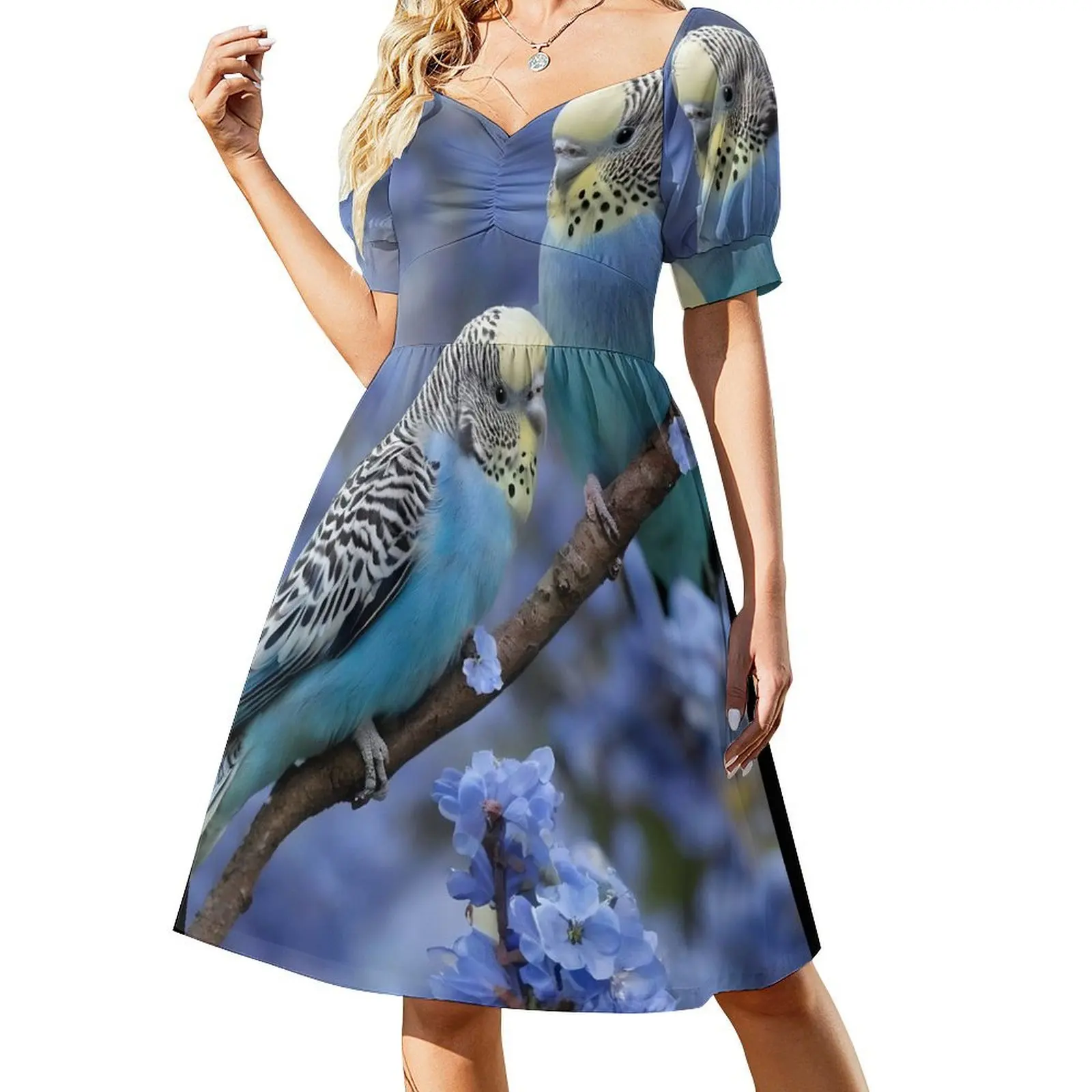 Tranquil Harmony: Blue and Yellow Budgies in a Blue Blossom Tree Short-Sleeved Dress african dresses for woman summer dress