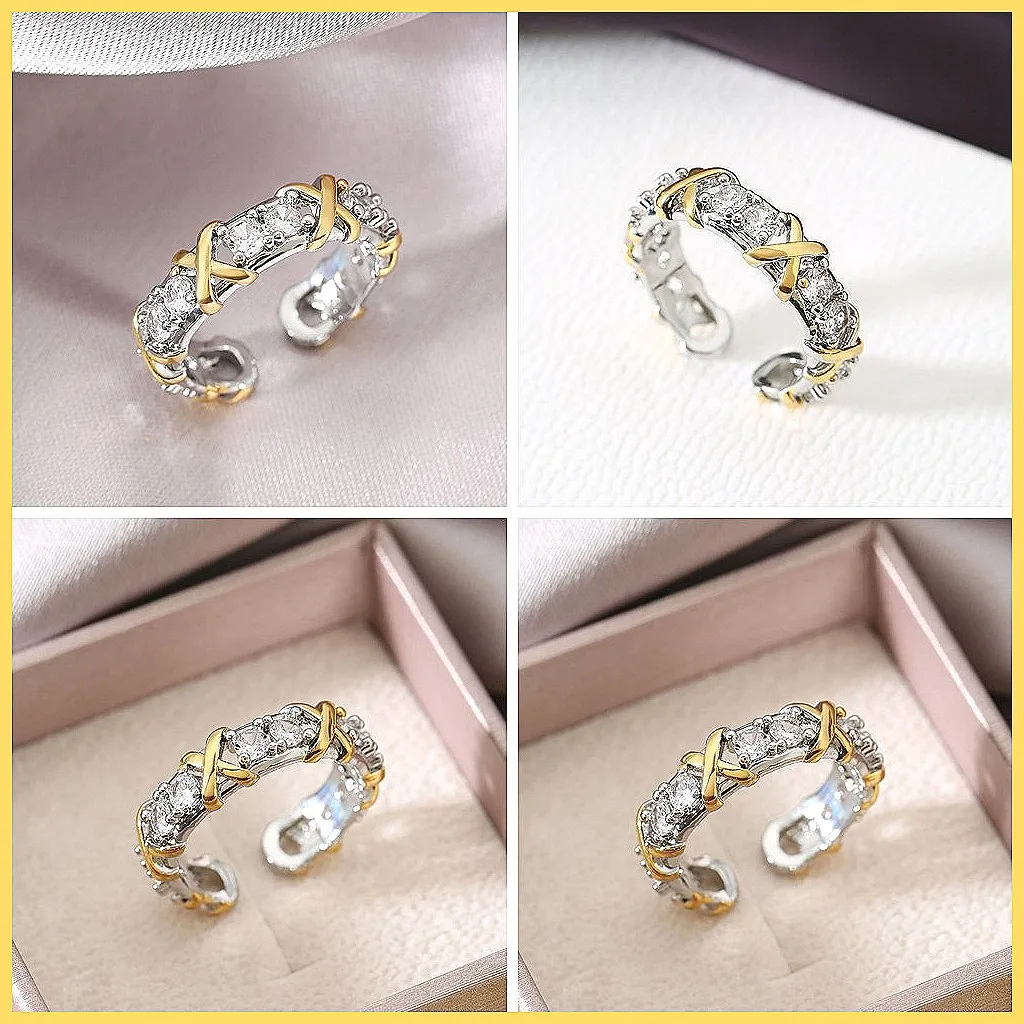 Fashionable Two-Tone Ring with Sparkling Diamonds, Adjustable Unisex Open Ring, High-End Hand Jewelry