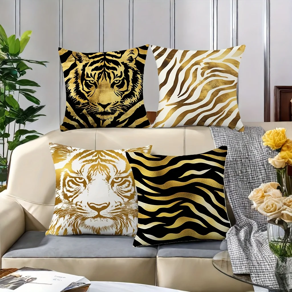 Decorative Pillow Cover Set 4 Pack Gold Tiger Zebra Animal Print Throw Cushion Decorative Accent for Sofa Couch Bedroom Home