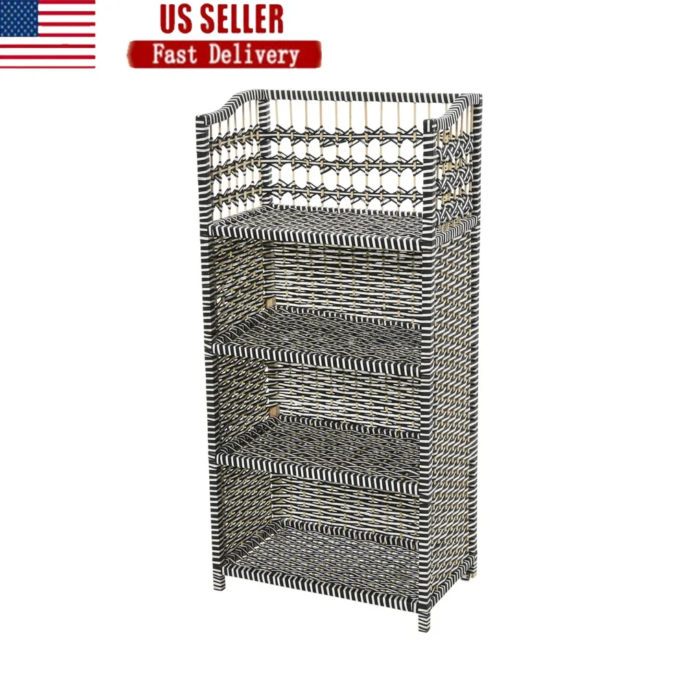 

Paper Rope Accent Shelf Storage Solution Indoor Woven Two-Tone Black White Pine Wood Stylish Organizer Home Decor Furniture