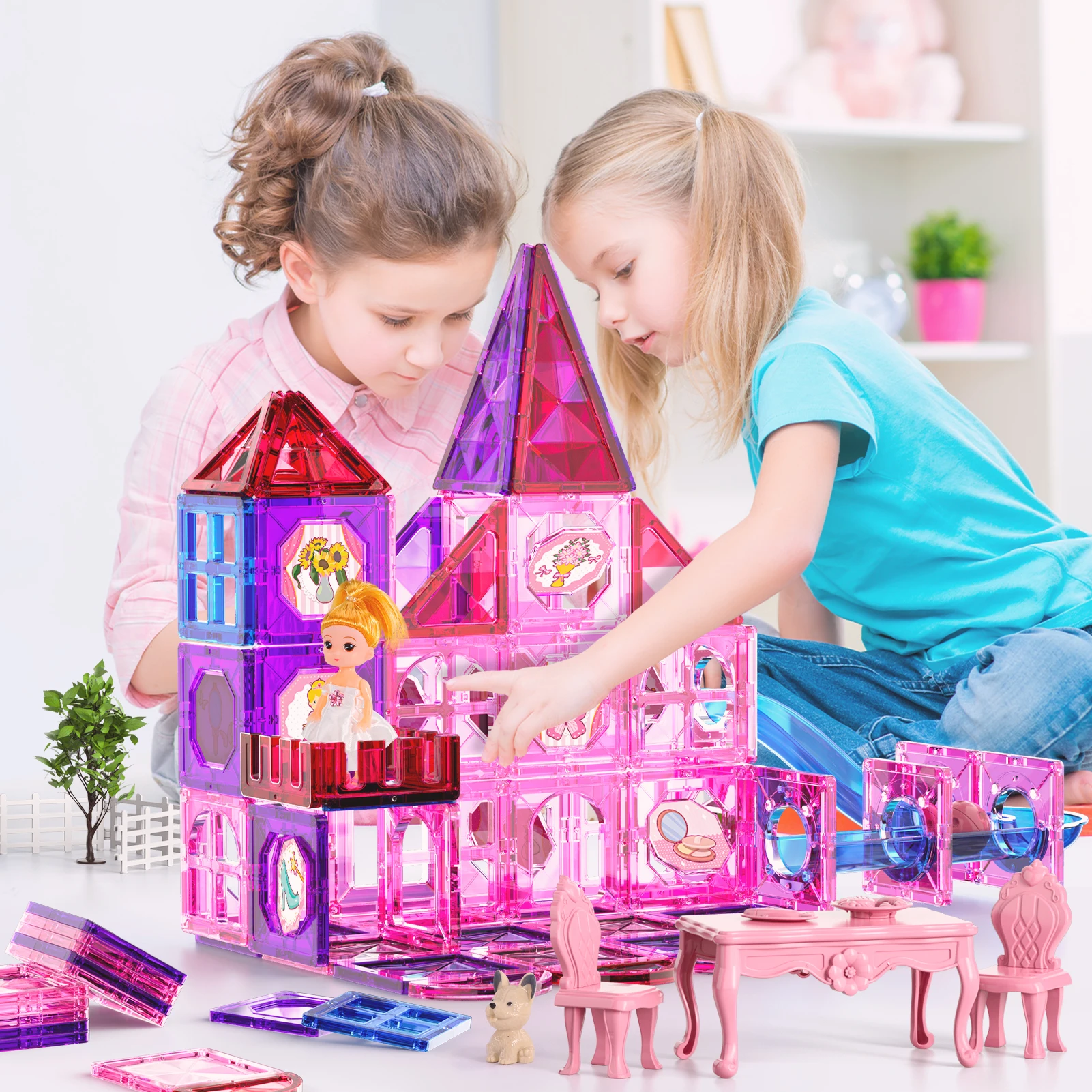 Magnetic Building Tiles Toys for 3 4 5 6 Year Old Girls, Building Educational Stem Toys & Gift for Girls Kids Ages 1-3 3-5