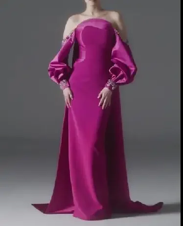 Customized Strapless Long Sleeves Lantern Sleeve Satin and Jersey Patchwork Fuchsia Evening Dresses Woman Crystal Beads
