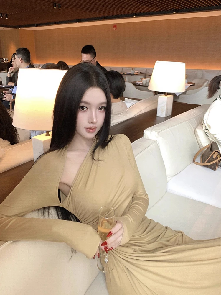 REDDACHiC Abito aderente ritagliato da donna Casual tinta unita maniche lunghe lusinghiero abito maxi diviso increspato Abiti autunnali piuttosto eleganti