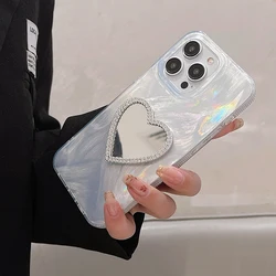 Luxury Heart Diamond Makeup Mirror Feather Yarn Phone Case For iPhone 15 14 13 12 11 Pro Max Plus Silicone Anti Fall Back Covers