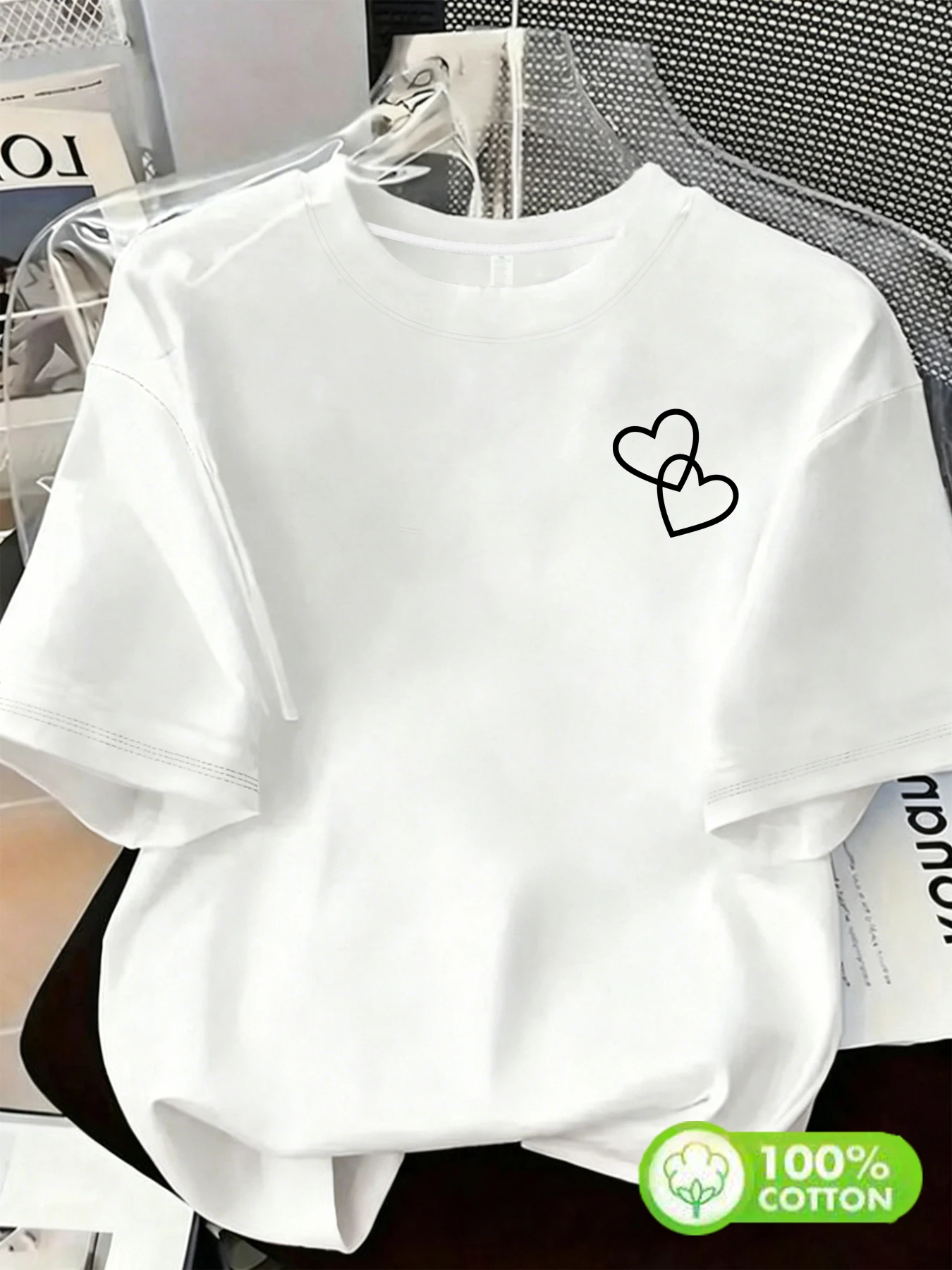 【ZXH183】Summer short sleeved women's cotton T-shirt casual round neck top with two small hearts printed women's T-shirt