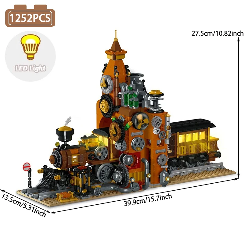 Street View Steampunk Train Building Blocks City Urban Trains Bookends Model Bricks Toys For Children Xmas Gift With LED MOC