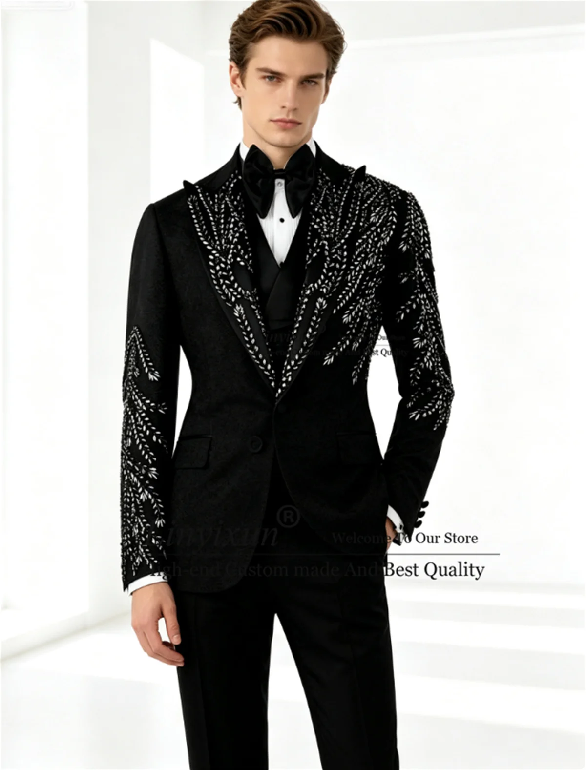 Shiny Stones Diamond Tuxedos Men Suits Customized Slim Fit Wedding Jacquard Groom Blazers 3 Pieces Sets rajes para hombre