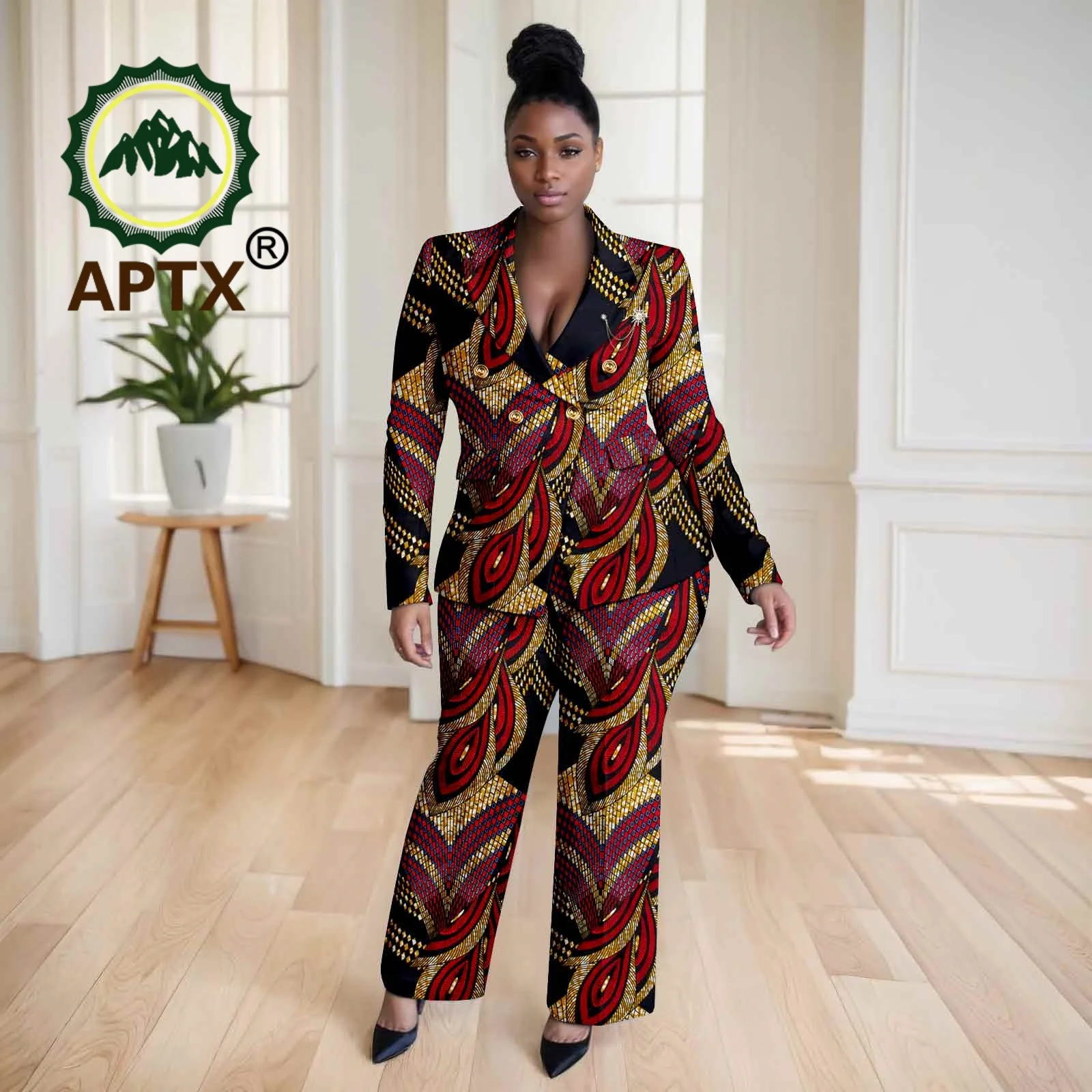 المرأة الأفريقية أنقرة مطبوعة الخامس الرقبة كم كامل بلوزات وسراويل الطابق طول قطعتين دعوى Dashiki عادية Set2526046 #4