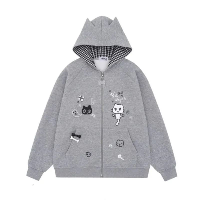 American Chic Sweet Cool Devil Hooded Sweatshirt for Women Loose Korean Lazy Cardigan Jacket Ins Style