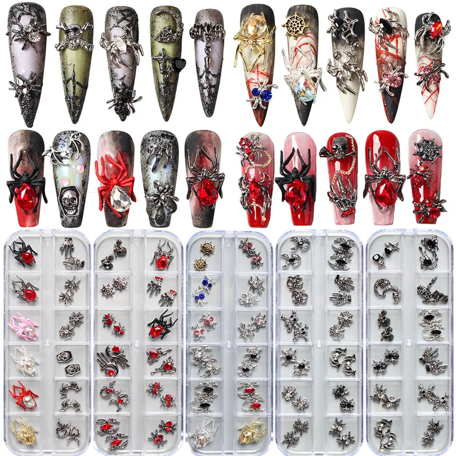 Halloween Spider Plated Red Rhinestone Metal Heart Bat Ghost Hand Claw Skull Alloy 3D Nail Art Decoration Mixed DIY Nail Supplie