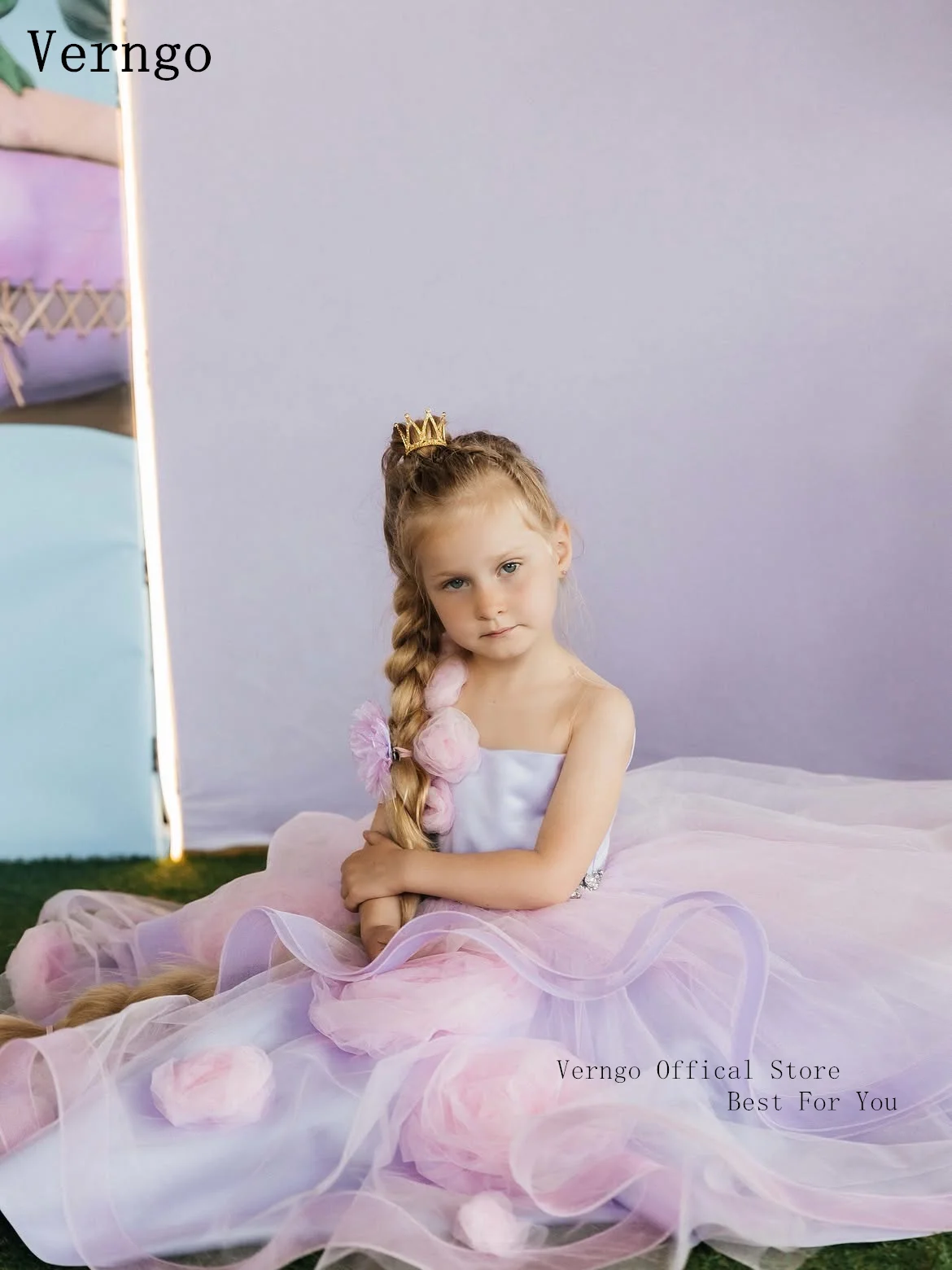 Verngo 3D Flowers Pincess Mini Girl Flowers Dress Strapless Lace A Line Kid Bow Birthday Party Dresses Celebrity Gown Customized