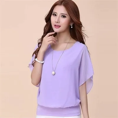 Women's Chiffon Top Short Sleeve Loose Fit Pure Color Batwing Sleeve Spring Summer Fashionable Casual round Neck Single Piece