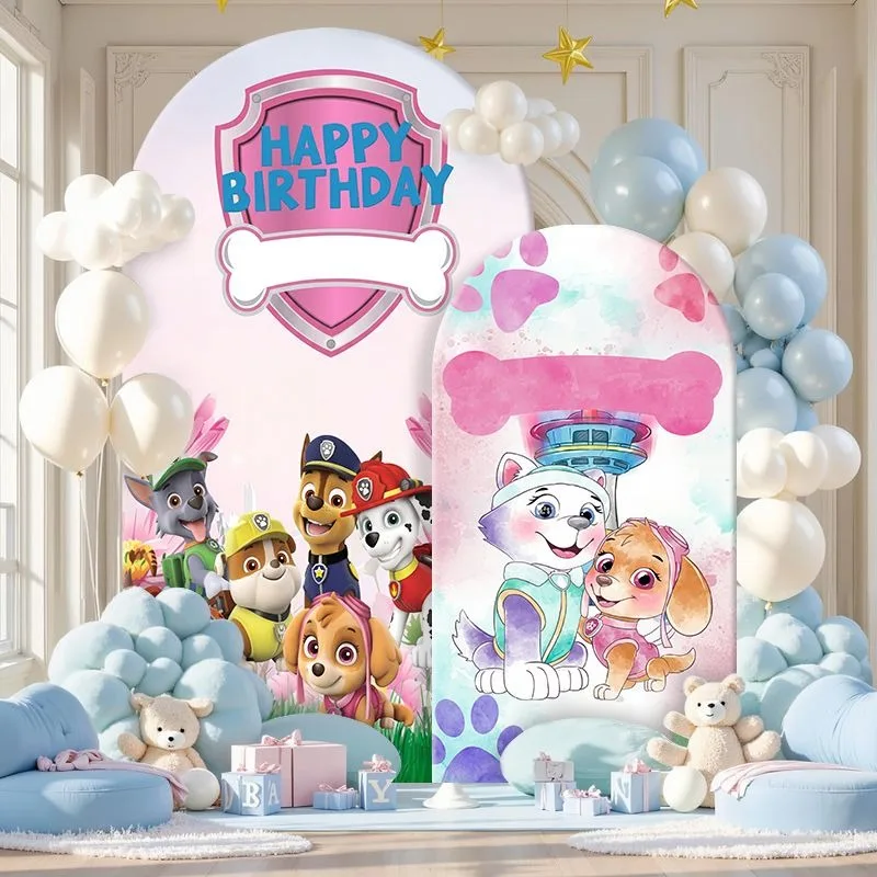 Paw Patrol Arch Backdrop Cover Thick Fabric Custom Happy Birthday Party Decoration Pink Pastel Character Photo Booth Decor Event