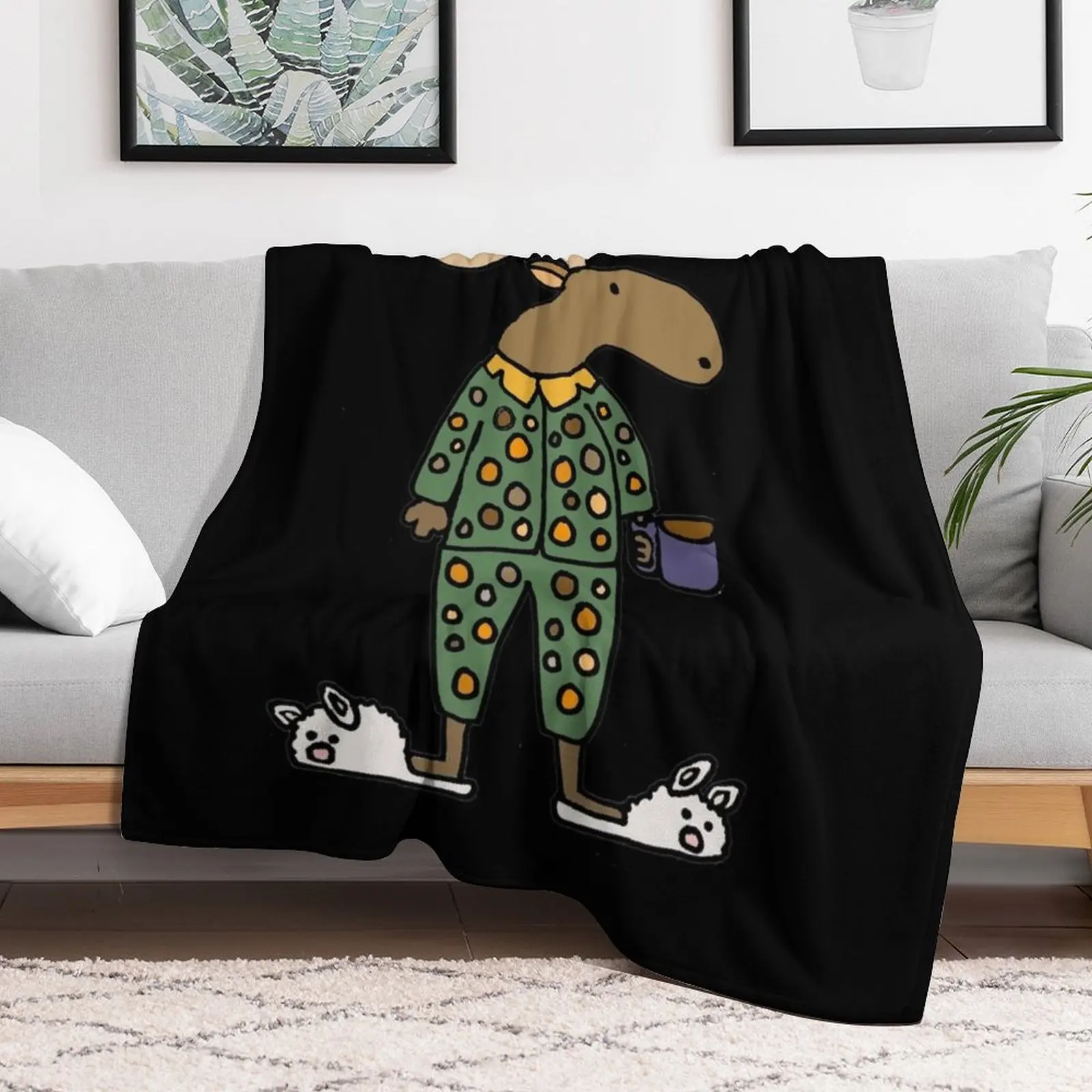 Funny moose wearing Pajamas and Bunny Slippers Throw Blanket Thermal Polar Blankets