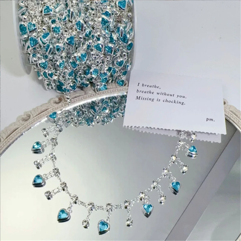 10 Meters/Lot New Retro Lake Blue Crystal Heart Beads Link Chains DIY for Bracelet Necklace Garment Jewelry Making Accessories