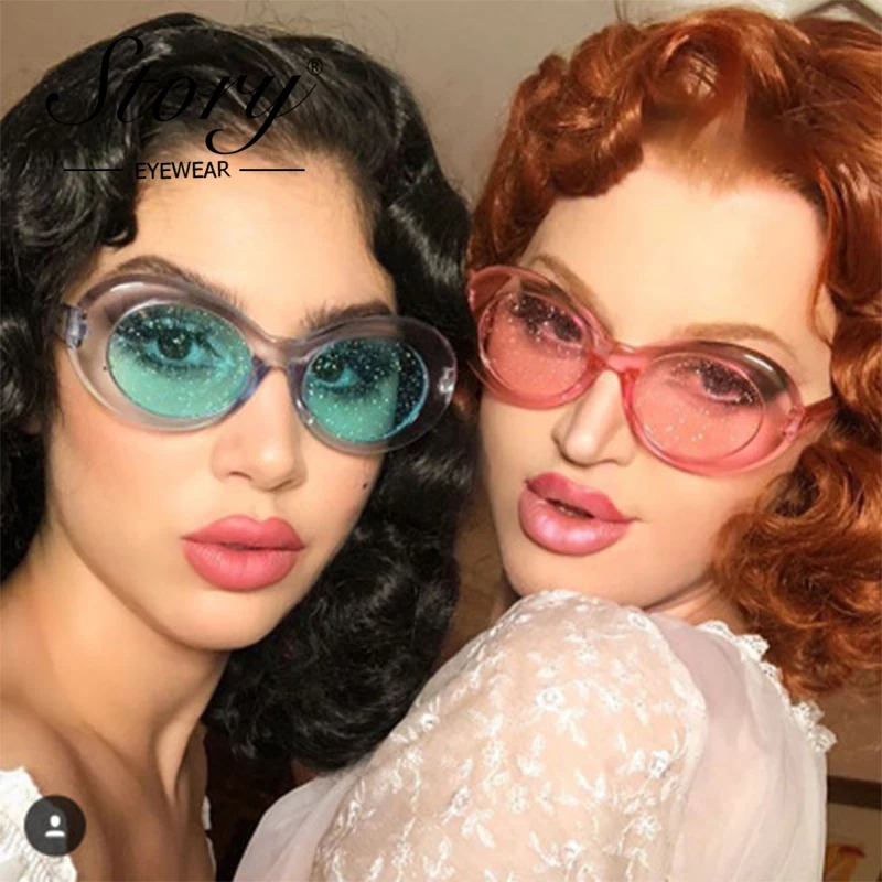 STORY Vintage Retro Purple Oval Sunglasses Women 2018 Sunmmer Glitter Candy Color Transparent Frame Cat Eye Sun Glasses