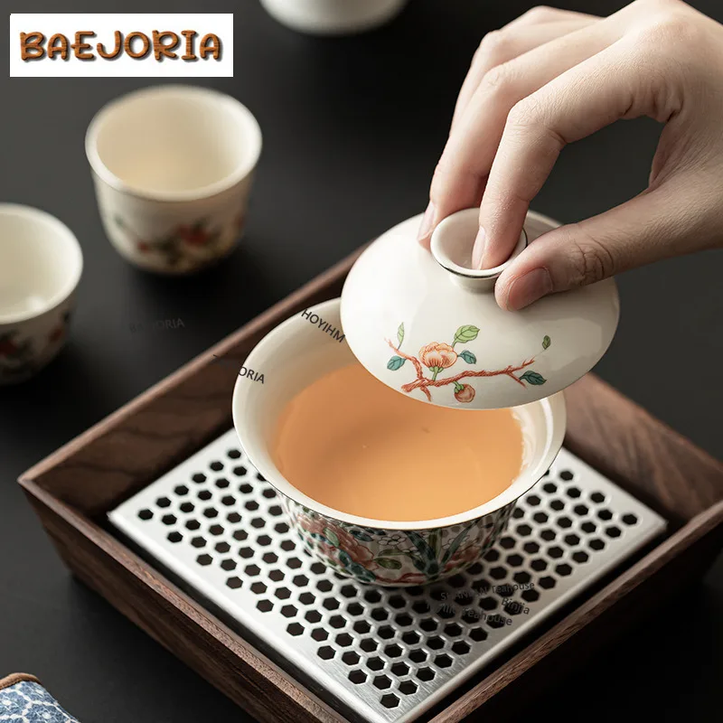 BAEJORIA Retro Plant Ash Travel Tea Set Handmade Daffodil Tracing Silver Cover Bowl Tea Brewing Kit Outdoor Camping Portable Cha