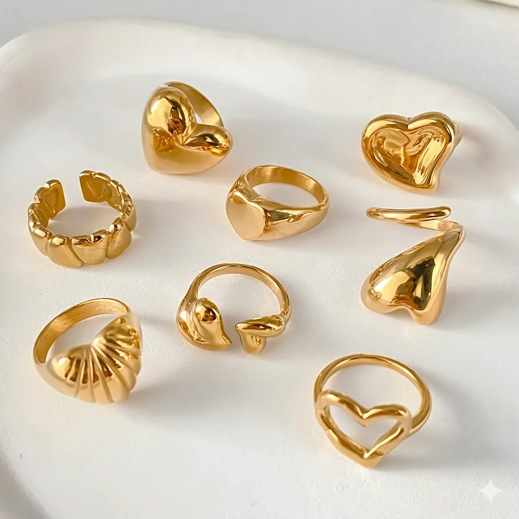 Hiraeva Vergoldete Edelstahl-Herzringe Set für Damen, Klobige Offene Verstellbare Minimalistische Modeschmuck – Detail 8