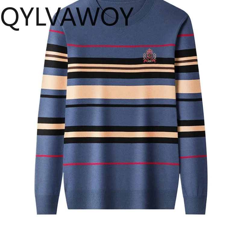 

QYLVAWOY 100% Wool Sweaters Knitted Sweater Men Business Casual Pullovers Warm Striped Sweater Autumn Winter Mens Clothes 2024