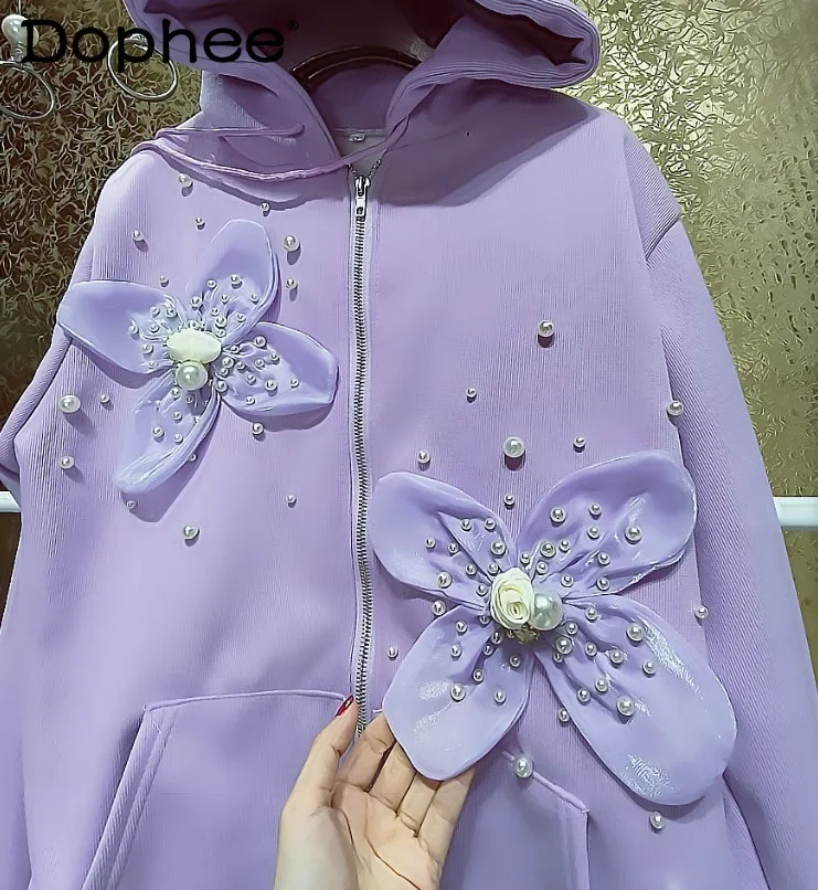 

Gao Ding Fairy Luxury Heavy Industry Beads Purple 3D Flower Zipper Coat Autumn Winter Thickening Fleece Padded Hooded Sweatshirt