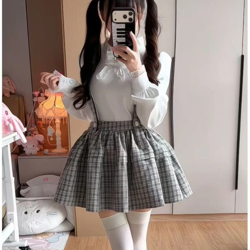 

Japan Style Gothic Y2k Lolita Skirt Sets Women Sweet Bow Long Sleeves White Shirt Plaid Suspender Skirt Female Harajuku Y2k Suit