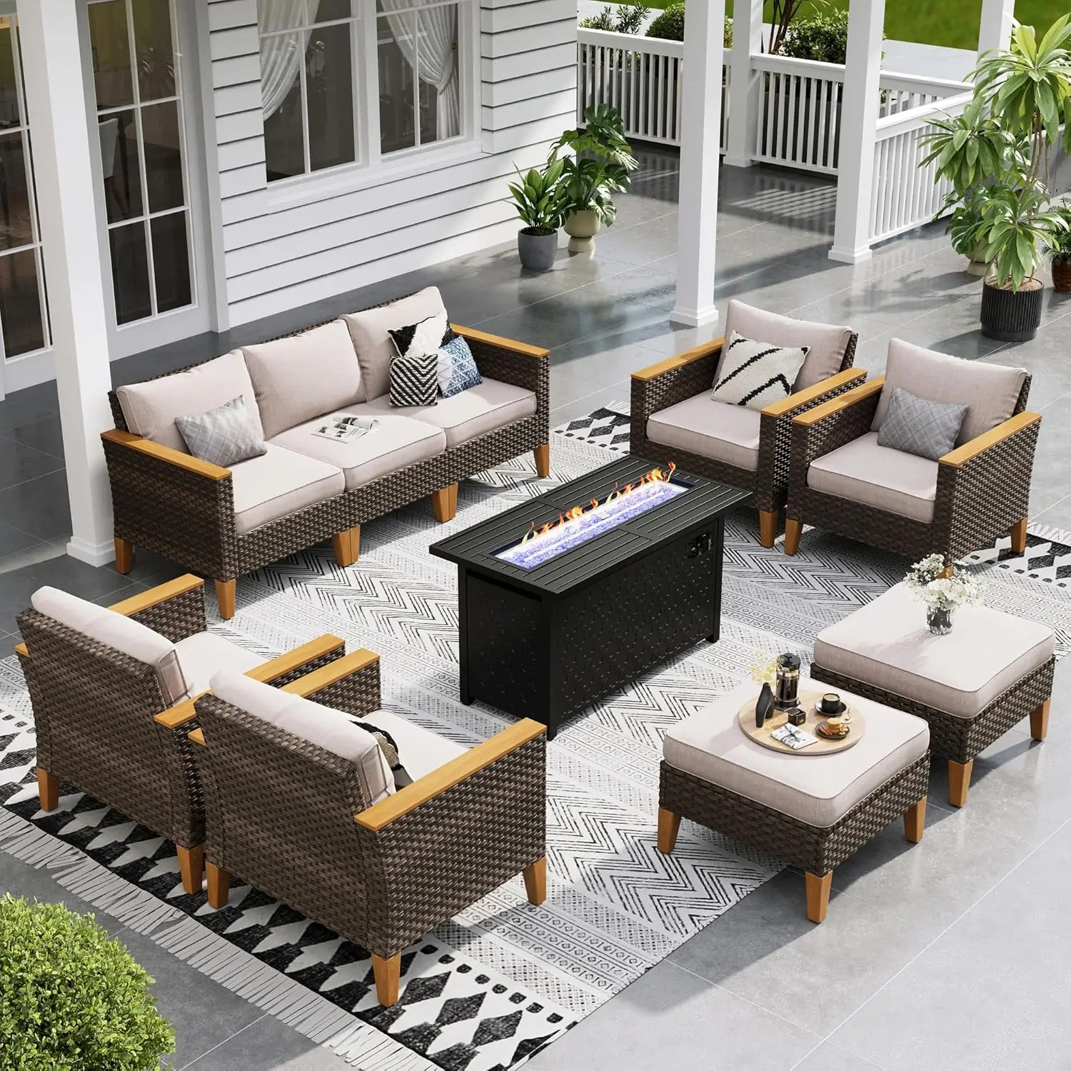 

Oversized 8Pc Outdoor Wicker Sectional Sofa Set Fire Pit Table 45in Beige Deck Backyard Porch, Customized