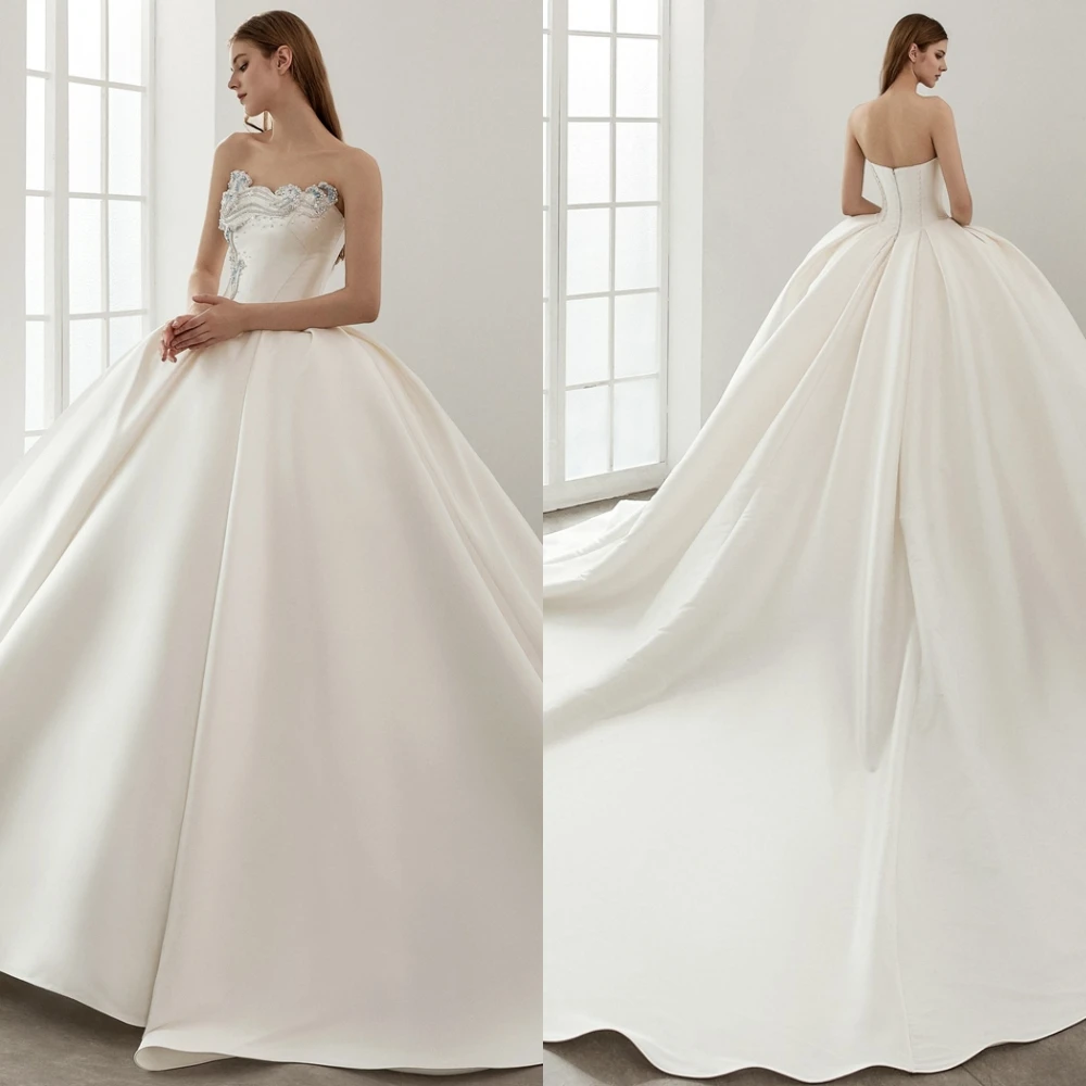 

Customized Exquisite Satin Strapless Evening Dress Delicate Crystal and Beading Prom Dress High Quality Special Occasion Gowns